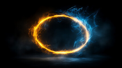 Poster - energetic portal abstract illustration glowing round shape fire and ice duality concept art