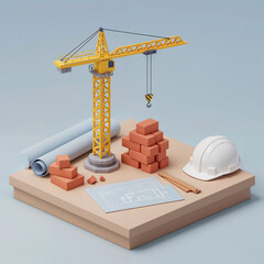 Poster - isometric construction with crane and building frame . Generative AI