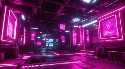 Poster - cyberpunk game room with neon pink holographic panels, glowing energy, dark futuristic feel backgrou