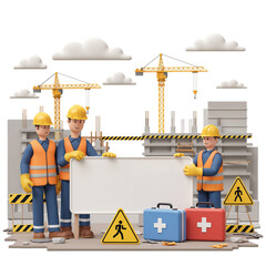 Poster - construction workers with blank banner, safety precautions at construction site concept . Generative AI