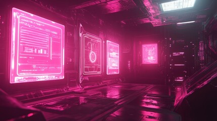 Poster - cyberpunk game room with neon pink holographic panels, glowing energy, dark futuristic feel backgrou