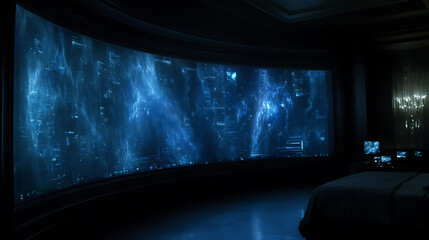 Poster - Enigmatic Data Stream Visualized on Wide Curved Screen Display Illuminating Modern Interior Space