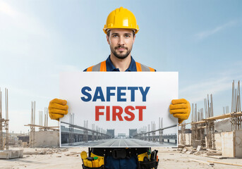 Poster - construction worker holding a sign with text safety first . Generative AI