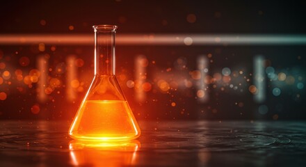 a glowing orange laboratory flask on a reflective surface surrounded by digital hexagonal patterns a