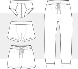 Wall Mural - Men's Pajama bottom, boxer, shorts, pants front and back view flat sketch fashion illustration drawing, Underwear,  pants and shorts set vector template mockup