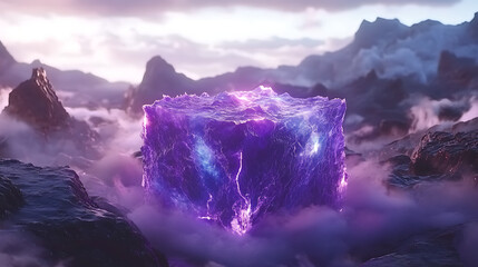 Poster - Enigmatic Floating Cube Amidst Misty Peaks and Celestial Sky a Visual Spectacle of Fantasy