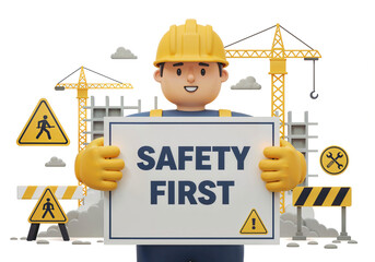 Poster - construction worker holding a sign with text safety first . Generative AI