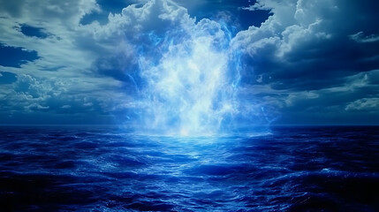 Wall Mural - enigmatic oceanic emergence a burst of energy in the deep blue sea under a cloudy horizon sky