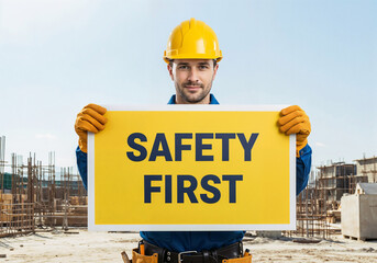 Poster - Portrait of a smiling construction worker holding a sign with text safety first . Generative AI