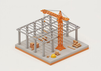 Poster - isometric construction with crane and building frame . Generative AI