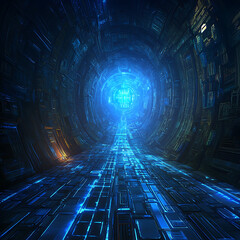Poster - Enigmatic Sci Fi Tunnel with Glowing Blue Light Beckoning Exploration and Technological Advancement