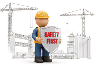 Poster - construction worker holding a sign with text safety first . Generative AI
