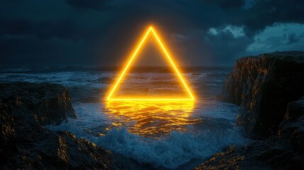 Poster - A futuristic seascape featuring golden neon geometry hovering over dark cliffs and waves, creating a spiritual and meditative scene.