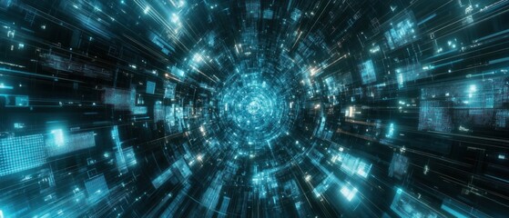 Poster - Abstract digital vortex with luminous blue particles and data streams, conveying a sense of speed and technology