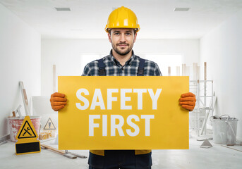Poster - Portrait of a smiling construction worker holding a sign with text safety first . Generative AI