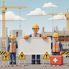 Poster - construction workers with blank banner, safety precautions at construction site concept . Generative AI