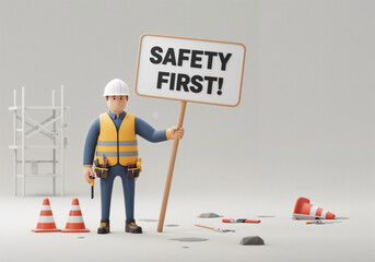 Poster - construction worker holding a sign with text safety first . Generative AI
