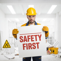 Poster - Portrait of a smiling construction worker holding a sign with text safety first . Generative AI