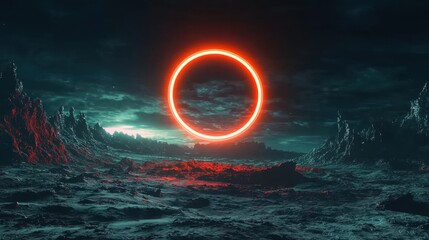 Poster - A mesmerizing futuristic scene featuring an illuminated neon energy portal floating over a cosmic terrain with a dark sky.