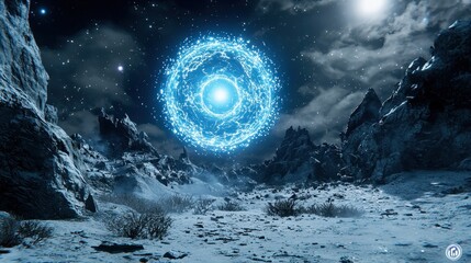 Poster - A mesmerizing futuristic scene featuring an illuminated neon energy portal floating over a cosmic terrain with a dark sky.