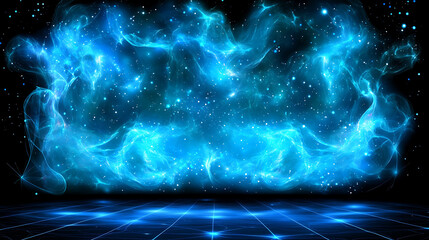 Poster - Ethereal Blue Nebula Display Over Futuristic Grid Floor Dreamlike Cyberspace Environment Theme