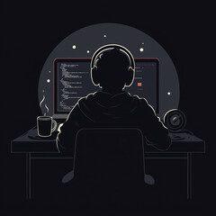 A programmer coding on a laptop with a coffee cup beside, reflecting concentration and tech work.