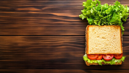 Wall Mural - Tuna salad sandwich over wooden background, copy space. Homemade sandwich with tuna and vegetables for snack