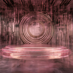 Poster - Ethereal Echoes Stage Presentation Backdrop with Glowing Rings and Textured Vertical Panels Design