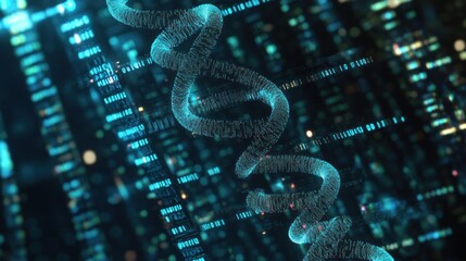 Poster - abstract visualization of a dna helix intertwined with digital data streams, symbolizing genetic res
