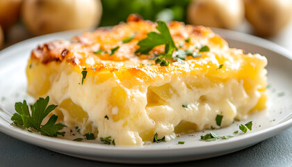 Wall Mural - Potato gratin (casserole) with cream, cheese and parsley on white plate