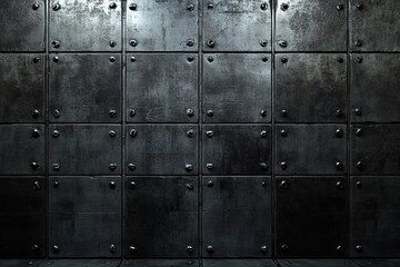 Poster - Dark metal wall texture, riveted panels, industrial background, design element