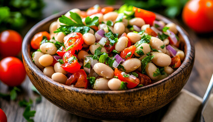 Wall Mural - White Bean Salad with Cherry Tomatoes, Onion and Parsley on wooden background, copy space - healthy homemade organic vegetarian vegan diet protein salad meal food lunch