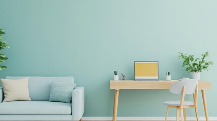 Poster - Cozy Living Room Featuring a Vibrant Blue Couch and Elegant White Chair Against a Refreshing Green Wall Creating a Stylish and Inviting Atmosphere