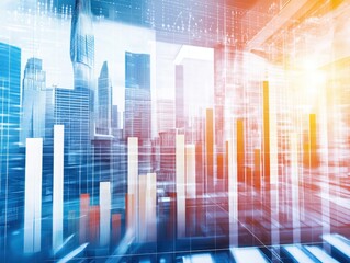 Poster - Futuristic city skyline with digital graphs and data overlays illustrating urban growth and technology trends