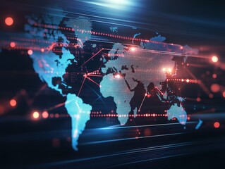 Poster - A vibrant digital world map showcasing interconnected data points and networks in a futuristic setting