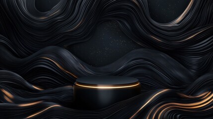 Poster - A sleek black luxury wallpaper featuring smooth wavy textures, delicate golden strokes, and a central glowing podium.