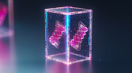 Poster - Ethereal Geometric Box with Abstract Pink Shapes Inside a Transparent Cube Futuristic Design