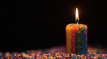 Poster - Colorful candle with vibrant sprinkles illuminating a dark background