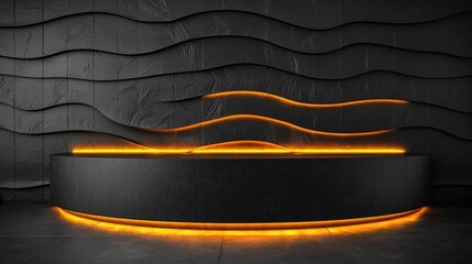 Poster - A sleek black luxury wallpaper featuring smooth wavy textures, delicate golden strokes, and a central glowing podium.