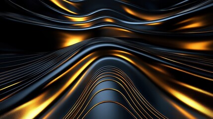 Poster - A sleek black luxury wallpaper featuring smooth wavy textures, delicate golden strokes, and a central glowing podium.