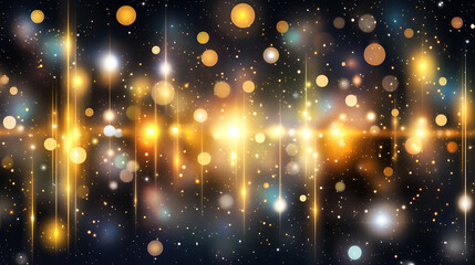 Poster - Ethereal Golden Bokeh Light Bursts Gleaming Particles and Shimmering Streaks over Dark Backdrop