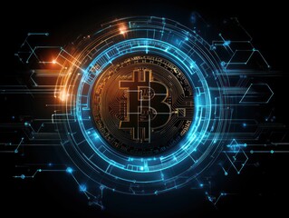 Poster - digital representation of a bitcoin symbol surrounded by futuristic technology and glowing circuits 