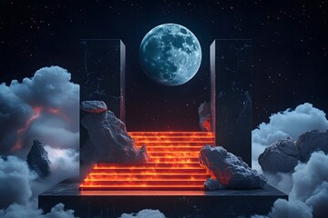 Wall Mural - fiery stairs, moonlit cloudscape, surreal night scene