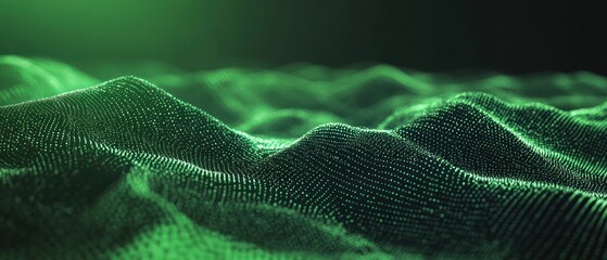Poster - abstract green landscape with digital waves, evoking a sense of depth and technology in a dark envir