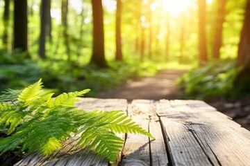 Wall Mural - Forest path ferns wood table nature background