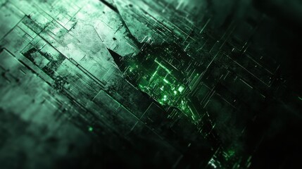 Poster - abstract green digital landscape with geometric shapes and glowing elements in a futuristic setting