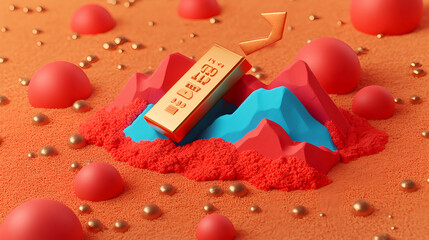 Poster - Creative gold bar concept on colorful terrain 3d render abstract style vibrant environment artistic viewpoint
