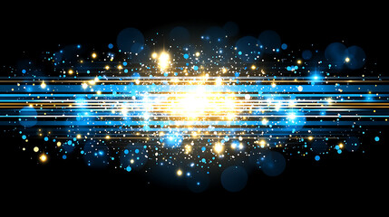 Poster - Ethereal Light Burst Effect with Horizontal Glowing Lines and Bokeh Spots on a Black Background