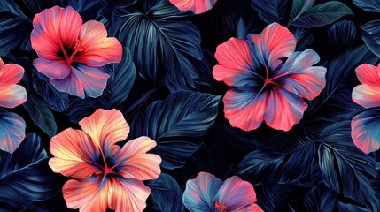 Poster - A stunning dark floral design with glowing neon tropical flowers, blending soft pink and blue hues in an abstract pattern.
