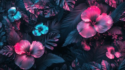 Poster - A stunning dark floral design with glowing neon tropical flowers, blending soft pink and blue hues in an abstract pattern.